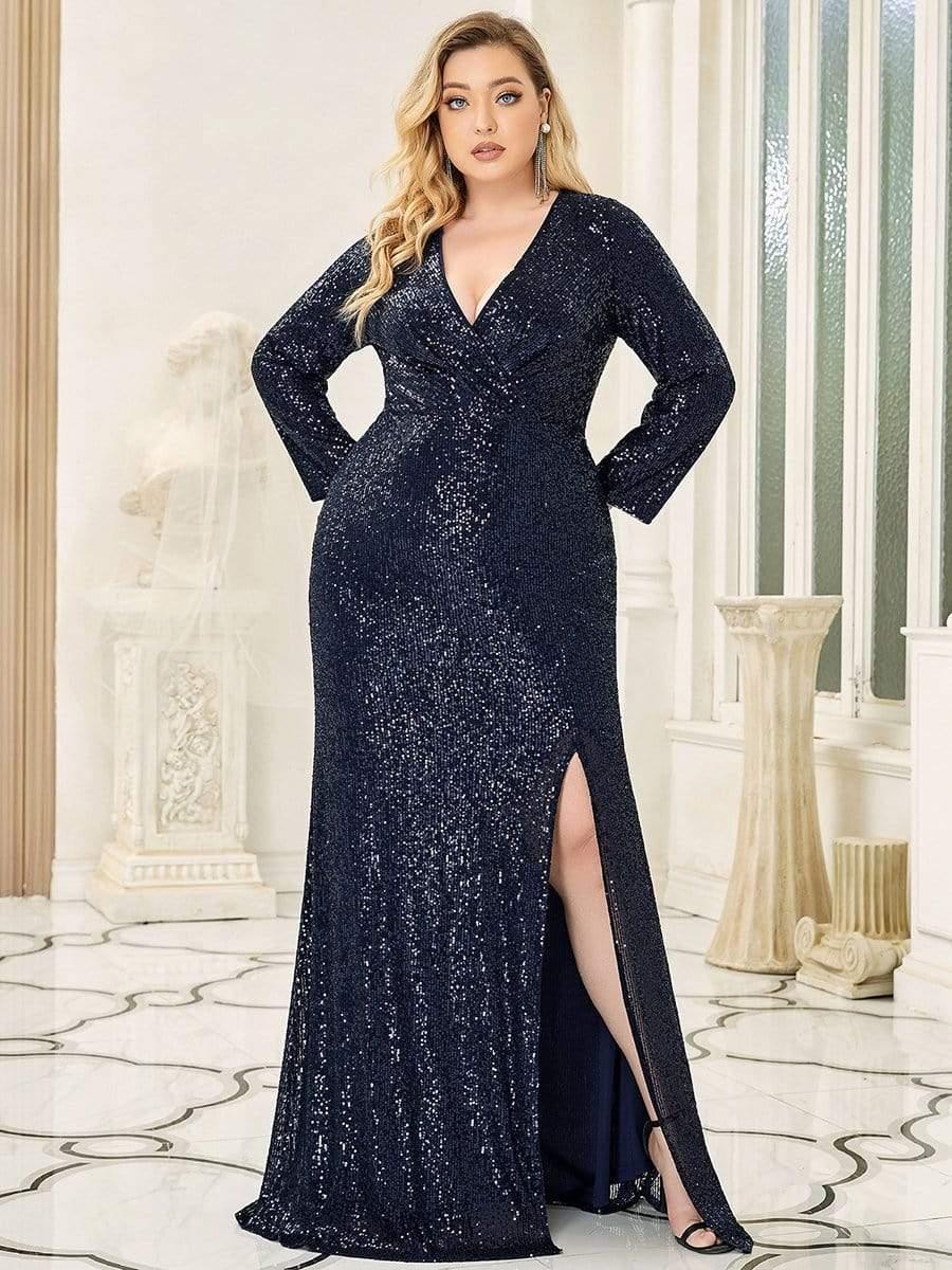 pretty NYX|Plus Size Sexy Deep V-Neck Sequin Bodice Formal Evening Gowns