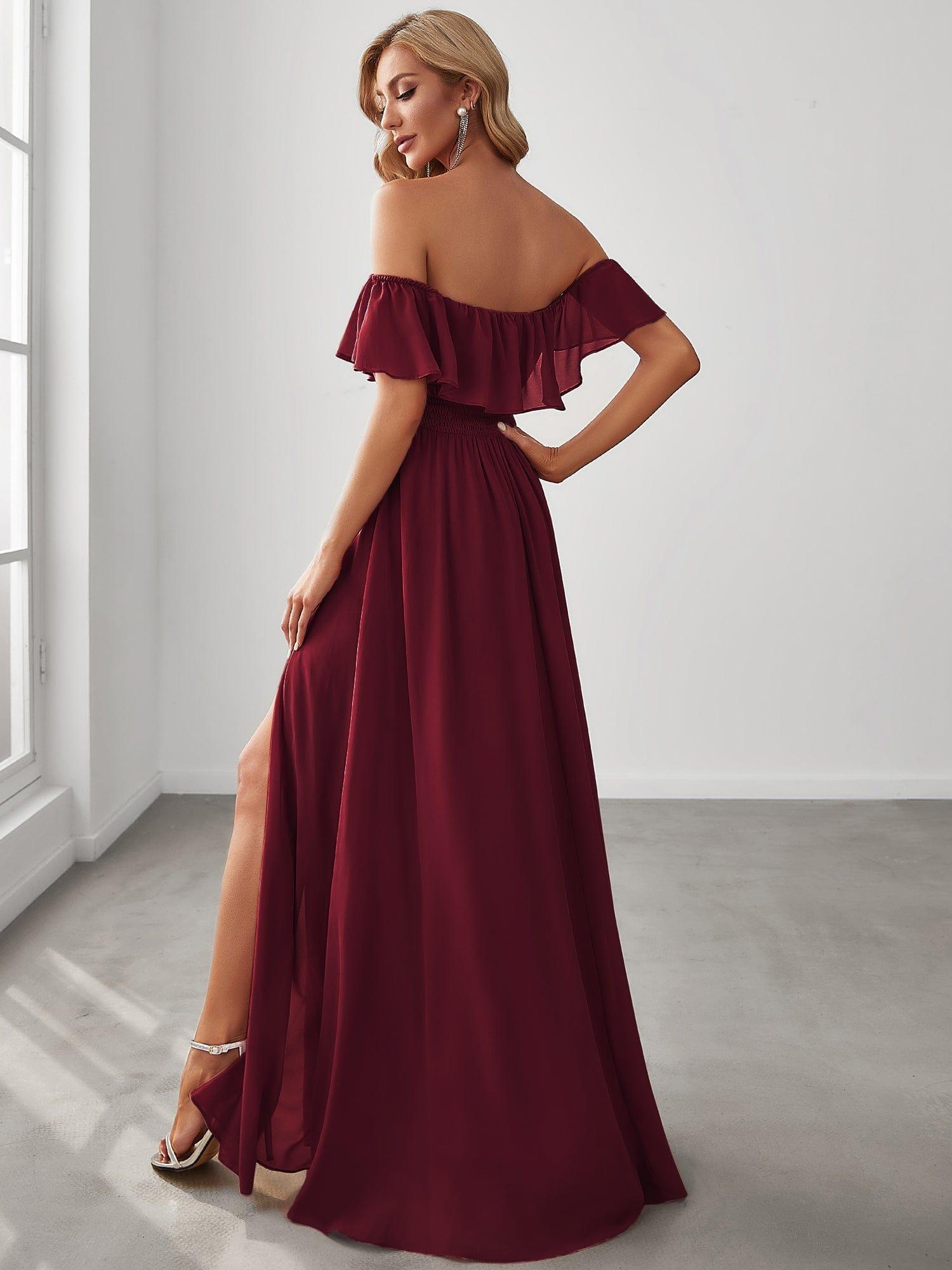 Women's Off Shoulder Ruffle Thigh Slit Bridesmaid Dresses
