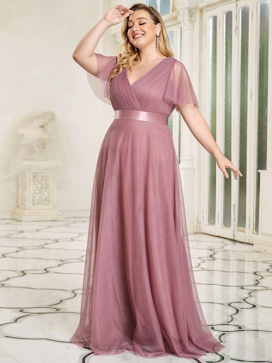pretty MISTE|Women's Floor-Length Plus Size Formal Bridesmaid Dress with Short Sleeve