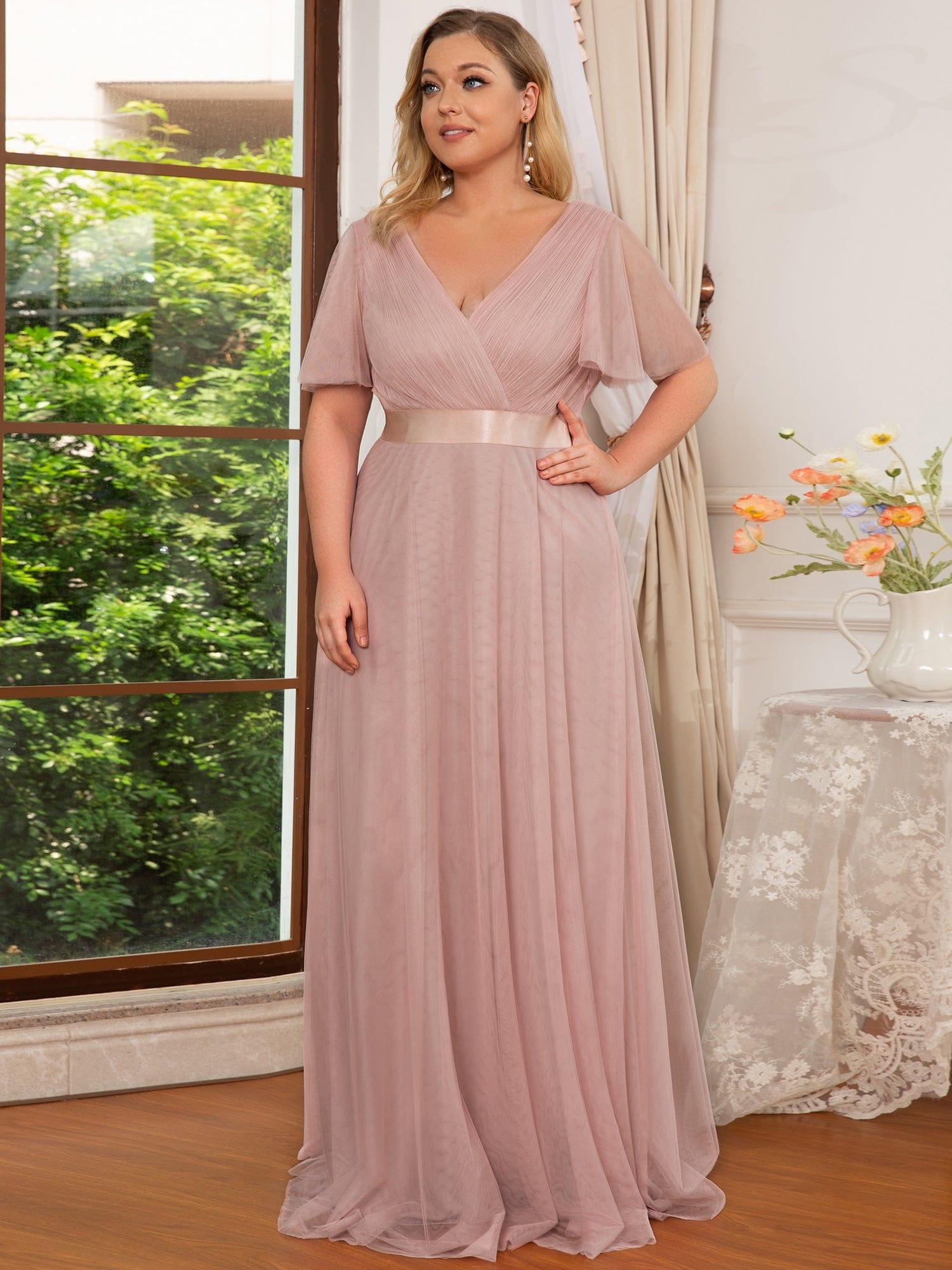 pretty MISTE|Women's Floor-Length Plus Size Formal Bridesmaid Dress with Short Sleeve