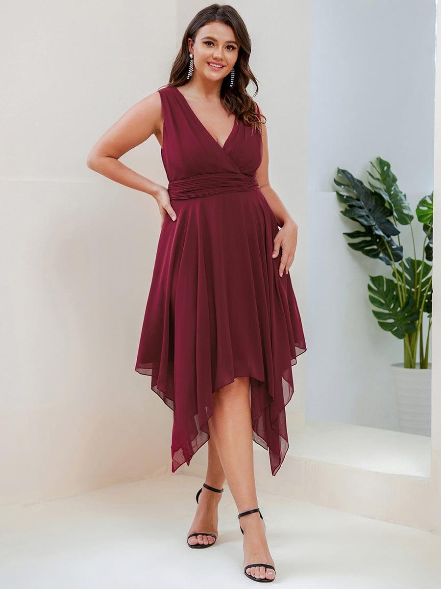 pretty ELORA|Plus Size Double V Neck Ruched-Waist Midi Chiffon Bridesmaid Dress