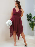 pretty ELORA|Plus Size Double V Neck Ruched-Waist Midi Chiffon Bridesmaid Dress